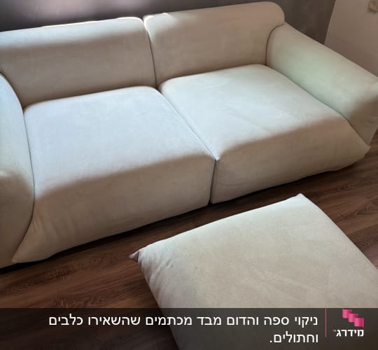 ספת בד בהירה והדום תואם לאחר ניקוי מקצועי בסלון